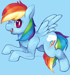 Size: 1024x1107 | Tagged: safe, artist:sushirolled, derpibooru import, rainbow dash, pegasus, pony, backwards cutie mark, blue background, cute, dashabetes, female, mare, open mouth, simple background, solo