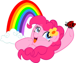 Size: 1280x1067 | Tagged: safe, artist:james-li, pinkie pie, earth pony, ladybug, pony, cloud, flower, rainbow, watermark