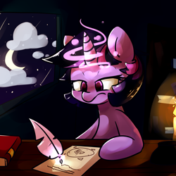 Size: 5000x5000 | Tagged: safe, artist:bloodatius, twilight sparkle, absurd resolution, book, candle, crescent moon, glowing horn, magic, moon, night, quill, solo, tired, writing