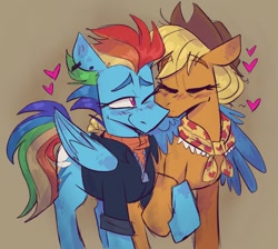 Size: 1184x1062 | Tagged: safe, artist:klhpyro, derpibooru import, applejack, rainbow dash, earth pony, pegasus, pony, appledash, applejack's hat, clothes, cowboy hat, female, granny smith's scarf, hat, heart, holding hooves, jacket, kiss on the cheek, kissing, lesbian, older, older applejack, older rainbow dash, shipping, shirt