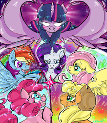 Size: 700x800 | Tagged: safe, artist:ririsqueak, derpibooru import, applejack, fluttershy, pinkie pie, rainbow dash, rarity, twilight sparkle, twilight sparkle (alicorn), alicorn, earth pony, pegasus, pony, unicorn, bust, cutie mark eyes, female, floppy ears, glowing eyes, mane six, mare, open mouth, portrait, smiling, wingding eyes