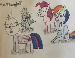 Size: 468x361 | Tagged: safe, artist:whistle blossom, derpibooru import, pinkie pie, rainbow dash, spike, twilight sparkle, twilight sparkle (alicorn), alicorn, dragon, earth pony, pegasus, pony, angry, baby dragon, dialogue, egghead, eyes closed, giggling, laughing, open mouth, simple background, sitting, smiling, standing, traditional art, white background, winged spike