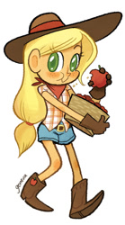 Size: 500x901 | Tagged: safe, artist:cartoonfuntime, applejack, human, apple, food, humanized, solo