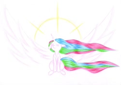 Size: 1024x718 | Tagged: safe, artist:rurihal, princess celestia, alicorn, pony, eyes closed, halo, simple background, sitting, solo, spread wings, traditional art, white background, windswept mane, wings