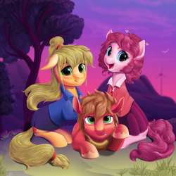 Size: 3840x3840 | Tagged: safe, artist:roadsleadme, applejack, big macintosh, pinkie pie, earth pony, pony, alternate hairstyle, blushing, clothes, floppy ears, looking at you