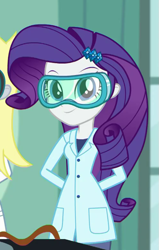 Size: 495x779 | Tagged: safe, screencap, rarity, better together, equestria girls, a queen of clubs, arm behind back, clothes, cropped, female, goggles, lab coat, smiling