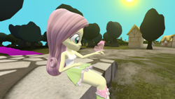 Size: 1920x1080 | Tagged: safe, artist:creatorofpony, artist:xxrhian-midnightxx, fluttershy, equestria girls, 3d, blender, clothes, ponyville, scenery, sitting, skirt, smiling, solo, tanktop