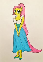 Size: 2094x2986 | Tagged: safe, artist:killerteddybear94, fluttershy, anthro, plantigrade anthro, alternate hairstyle, breasts, clothes, cosplay, costume, cute, don bluth, dress, female, hootershy, shoes, solo, thumbelina, traditional art