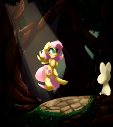 Size: 5000x5625 | Tagged: safe, artist:bloodatius, angel bunny, fluttershy, pegasus, pony, absurd resolution, crepuscular rays, open mouth, tree