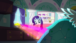 Size: 1440x807 | Tagged: safe, screencap, rarity, pony, unicorn, canterlot boutique, clothes, dress, female, gem, light, mare, princess dress, solo, window