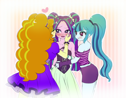 Size: 996x774 | Tagged: safe, artist:maron0807, adagio dazzle, aria blaze, sonata dusk, equestria girls, rainbow rocks, :t, adagio dazzle gets around, adaria, arisona, bare shoulders, blushing, cute, female, heart, jealous, kissing, lesbian, polyamory, polydazzlings, shipping, shipping denied, sleeveless, sonagio, sonatabetes, strapless, the dazzlings