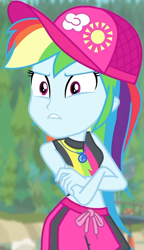 Size: 491x850 | Tagged: safe, derpibooru import, screencap, rainbow dash, better together, equestria girls, forgotten friendship, angry, bikini, bikini top, blurry background, board shorts, cap, clothes, cloud, cropped, crossed arms, female, forest background, geode of super speed, hat, jewelry, magical geodes, midriff, necklace, outdoors, rainbow, shorts, sleeveless, sun, swimsuit, talking, thunderbolt