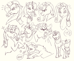 Size: 1280x1067 | Tagged: safe, artist:yowza-buckaroo, rarity, pony, unicorn, curved horn, expressions, female, heart, horn, mare, sketch, sketch dump, solo