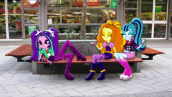 Size: 1920x1080 | Tagged: safe, artist:givralix, artist:mit-boy, artist:mr-kennedy92, adagio dazzle, aria blaze, sonata dusk, equestria girls, bench, cute, equestria girls in real life, eyes closed, looking at you, outdoors, photo, sign, sitting, store, sultry pose, the dazzlings, vector, wal-mart