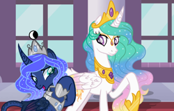 Size: 1024x655 | Tagged: safe, artist:ponycat-artist, princess celestia, princess luna, alicorn, pony, alternate design, colored wings, crown, curved horn, female, gradient wings, jewelry, raised hoof, regalia, royal sisters, sisters, swirly markings