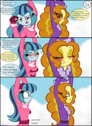 Size: 762x1049 | Tagged: safe, artist:queentigrel, adagio dazzle, aria blaze, sonata dusk, equestria girls, a dazzling winter, blushing, comic, growling, the dazzlings, winter