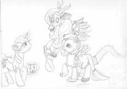 Size: 3504x2476 | Tagged: safe, derpibooru import, discord, fluttershy, twilight sparkle, twilight sparkle (alicorn), alicorn, pony, blushing, candy, clothes, cosplay, costume, female, glowing horn, grayscale, halloween, magic, mare, monochrome, nightmare night, pumpkin bucket, telekinesis, trick or treat