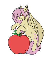 Size: 1280x1489 | Tagged: safe, artist:honiibree, fluttershy, bat pony, pony, apple, flutterbat, food, race swap, solo