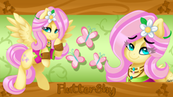 Size: 3840x2160 | Tagged: safe, artist:ciderpunk, derpibooru import, fluttershy, pegasus, pony, clothes, flower, flower in hair, hippie, looking at you, wallpaper