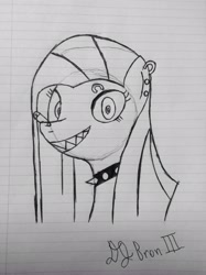 Size: 1936x2592 | Tagged: safe, artist:djbroniii, pinkie pie, earth pony, pony, choker, lined paper, monochrome, piercing, pinkamena diane pie, safety pin, sharp teeth, solo, traditional art