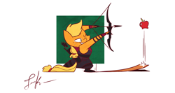 Size: 1920x1020 | Tagged: safe, artist:fluttershythekind, applejack, earth pony, pony, apple, arrow, avengers, bow (weapon), bow and arrow, clothes, cosplay, costume, food, hawkeye, quiver, solo