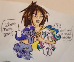 Size: 2047x1707 | Tagged: safe, artist:smirk, princess celestia, princess luna, oc, human, pony, babysitting, cewestia, colored pencil drawing, cranky, crying, exhausted, female, filly, foalsitter, holding a pony, pen, pouting, traditional art, woona, younger