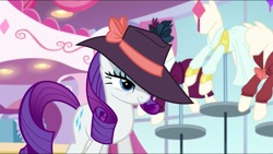 Size: 1440x812 | Tagged: safe, screencap, rarity, pony, unicorn, rarity investigates, female, grin, hat, lidded eyes, mare, ponyquin, smiling, solo, suggestive smile