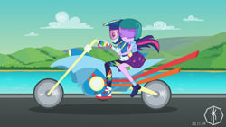 Size: 7257x4082 | Tagged: safe, artist:xytranix, derpibooru import, rainbow dash, sci-twi, twilight sparkle, better together, equestria girls, fomo, bowtie, clothes, cloud, converse, female, geode of telekinesis, helmet, jacket, lake, lesbian, magical geodes, motorcycle, mountain, pants, road, scitwidash, shipping, shoes, skirt, sneakers, twidash, visor