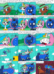 Size: 3244x4395 | Tagged: safe, artist:eternaljonathan, mr. greenhooves, princess celestia, princess luna, alicorn, pony, age regression, bridge, canterlot, comic, dragon lands, flying, garden, hazmat suit, ink, plot, royal sisters, traditional art