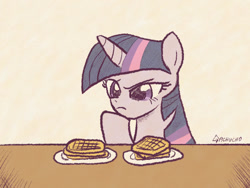 Size: 800x600 | Tagged: safe, artist:gachucho, derpibooru import, twilight sparkle, food, plate, pondering, pun, solo, table, thinking, traditional art, visual pun, waffle