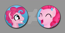 Size: 1024x530 | Tagged: safe, artist:brittanysdesigns, bubble berry, pinkie pie, earth pony, pony, bust, button, portrait, rule 63, watermark