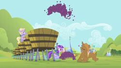 Size: 1920x1080 | Tagged: safe, screencap, amethyst star, dinky hooves, lightning bolt, merry may, minuette, rarity, sparkler, twinkleshine, white lightning, pony, unicorn, sisterhooves social, applejack's hat, australia, covered in mud, cowboy hat, eyes closed, female, filly, foal, food, grapes, hat, mare