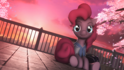 Size: 3840x2159 | Tagged: safe, artist:selestlight, pinkie pie, earth pony, pony, 3d, cherry blossoms, clothes, eye reflection, female, looking at you, mare, sailor uniform, school uniform, schoolgirl, sitting, solo, source filmmaker