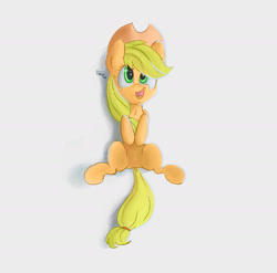 Size: 1608x1586 | Tagged: safe, artist:thefloatingtree, applejack, earth pony, pony, featureless crotch, on back, signature, simple, smiling, solo