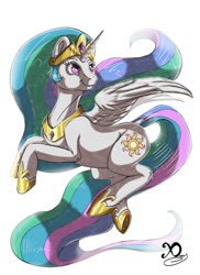 Size: 1000x1371 | Tagged: safe, artist:xaneas, princess celestia, alicorn, pony, female, horn, mare, regalia, simple background, solo, white background, wings