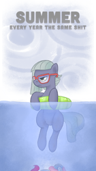 Size: 756x1344 | Tagged: safe, artist:adequality, limestone pie, pinkie pie, earth pony, pony, beach, glasses, inner tube, jaws, summer, unamused, underwater, vulgar