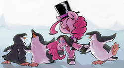 Size: 1371x756 | Tagged: safe, artist:php27, pinkie pie, earth pony, penguin, pony, clothes, dancing, elegant, hat