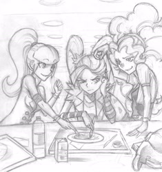 Size: 2381x2529 | Tagged: artist needed, safe, adagio dazzle, aria blaze, sonata dusk, equestria girls, annoyed, cafeteria, lunch, monochrome, sketch