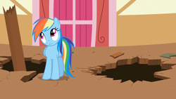 Size: 1920x1080 | Tagged: safe, derpibooru import, screencap, rainbow dash, pegasus, pony, the last roundup, hole, solo