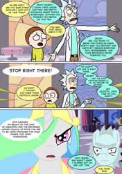 Size: 600x850 | Tagged: safe, artist:imbriaart, princess celestia, alicorn, earth pony, human, pony, comic:magic princess war, clothes, comic, crossover, morty smith, ponified, rick and morty, rick sanchez