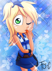 Size: 800x1100 | Tagged: safe, artist:fj-c, applejack, equestria girls, adorkable, anime, cleavage, clothes, costume, cute, dork, fairy tail, female, lucy heartfilia, solo