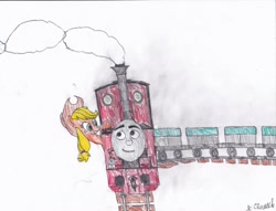 Size: 1022x782 | Tagged: safe, artist:endlesswire94, applejack, earth pony, pony, crossover, rheneas, shunting, thomas the tank engine, traditional art, train