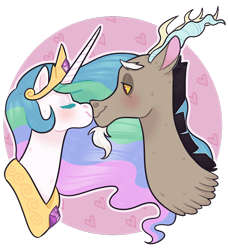 Size: 1600x1753 | Tagged: safe, artist:whisperseas, discord, princess celestia, alicorn, pony, bust, dislestia, eyes closed, female, kissing, male, shipping, simple background, straight, transparent background