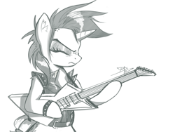 Size: 1280x964 | Tagged: safe, artist:danli69, rarity, pony, unicorn, it isn't the mane thing about you, alternate hairstyle, clothes, eyes closed, female, guitar, mare, monochrome, punk, raripunk, signature, solo