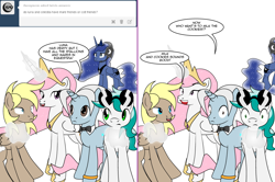 Size: 1204x800 | Tagged: safe, artist:dekomaru, princess celestia, princess luna, oc, oc:cloudtrail, oc:dazzle, oc:iniduoh, alicorn, earth pony, pegasus, pony, unicorn, ask, comic, gamer luna, magic, male, princess molestia, stallion, tumblr, tumblr:ask twixie