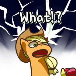 Size: 398x398 | Tagged: safe, artist:norang94, edit, apple bloom, applejack, earth pony, pony, cropped, exploitable meme, faic, meme, one word, open mouth, reaction image, shocked, surprised, wat