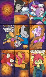 Size: 845x1400 | Tagged: safe, artist:kaemantis, apple bloom, babs seed, diamond tiara, rarity, scootaloo, silver spoon, sweetie belle, truffle shuffle, twist, oc, anthro, comic:junior gala, alternate universe, armpits, charlotte, clothes, comic, dialogue, eyes closed, implied diamondbloom, open mouth, overalls, puella magi madoka magica, sleeping, speech bubble