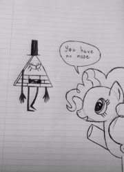 Size: 1861x2591 | Tagged: safe, artist:djbroniii, pinkie pie, earth pony, pony, bill cipher, crossover, duo, grayscale, lined paper, monochrome, text, this will end in tears, traditional art
