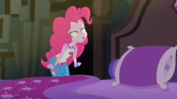 Size: 1920x1080 | Tagged: safe, screencap, pinkie pie, equestria girls, legend of everfree, bed, clothes, gritted teeth, lidded eyes, out of context, solo, wat