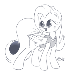 Size: 600x600 | Tagged: safe, artist:malwinters, fluttershy, pegasus, pony, buckball season, bottomless, buckball, buckball uniform, clothes, female, monochrome, open mouth, partial nudity, prehensile tail, simple background, smiling, solo, white background